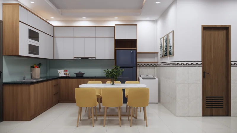 Nội thất phòng bếp tối giản ấm cúng